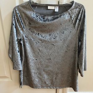 Chico’s blouse. Fabric looks like velvet. Boatneck with 3/4 sleeves.
